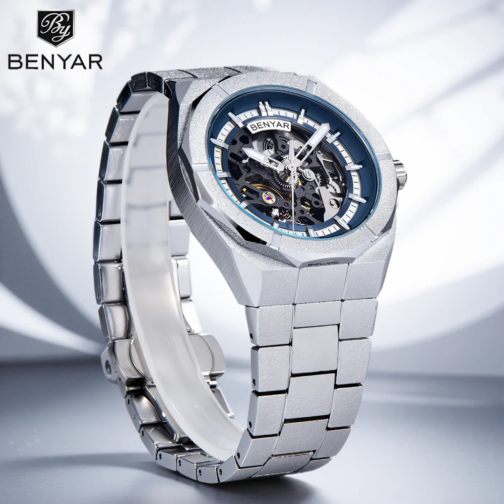 BEYAR 2025 41MM NEW hollow design luxury men automatic mechanical watches stainless steel sports clock Reloj Hombre BY-5212