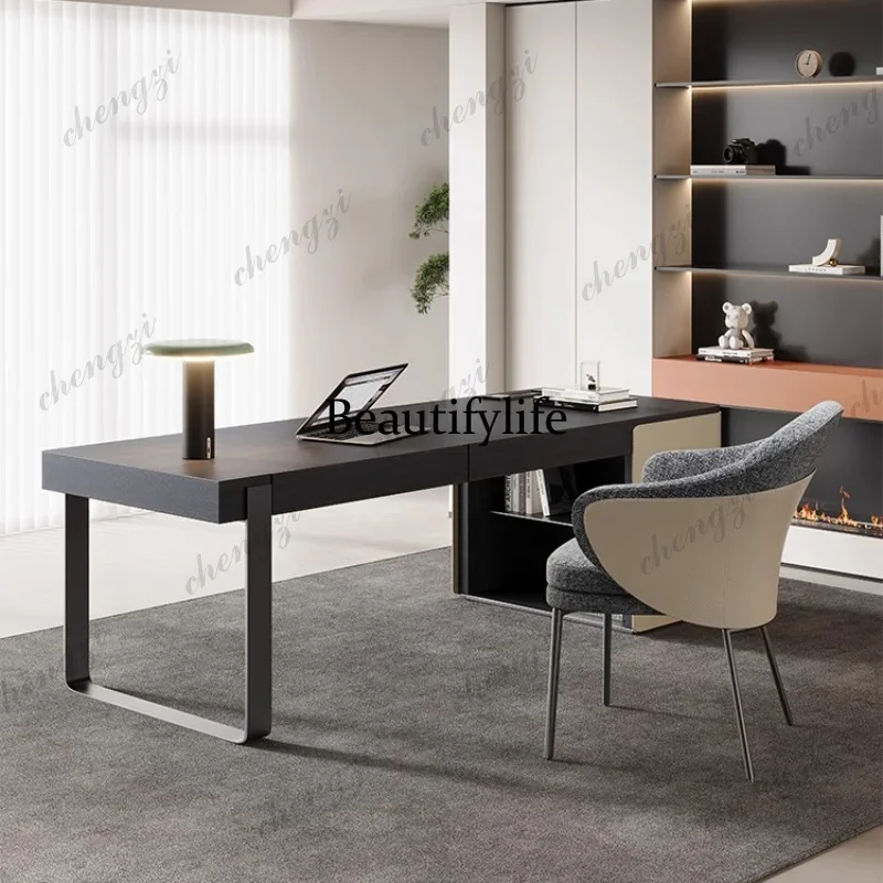 BBB   Mid-century Saddle Leather Office Desk Minimalist Computer Modern Luxury Office Desk Computer Study Home Furniture