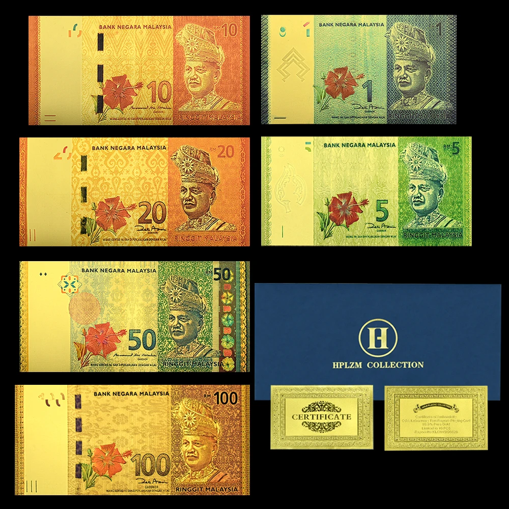 Malaysian Gold Foil Banknotes 1 5 10 20 50 100 Bills UNC Notes 2009 Years Commemorative Bank Notes PET Material Craft Collection