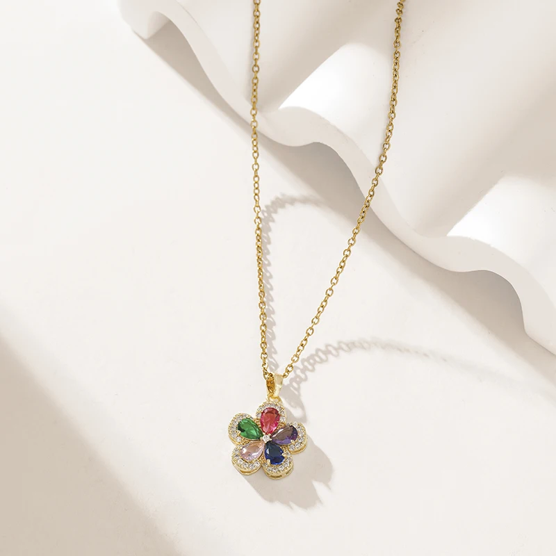 EILIECK 316L الفولاذ المقاوم للصدأ القلب زهرة الملونة الزركون قلادة قلادة للنساء الفاخرة سلسلة عنق خاتم هدايا مجوهرات أنيقة #5