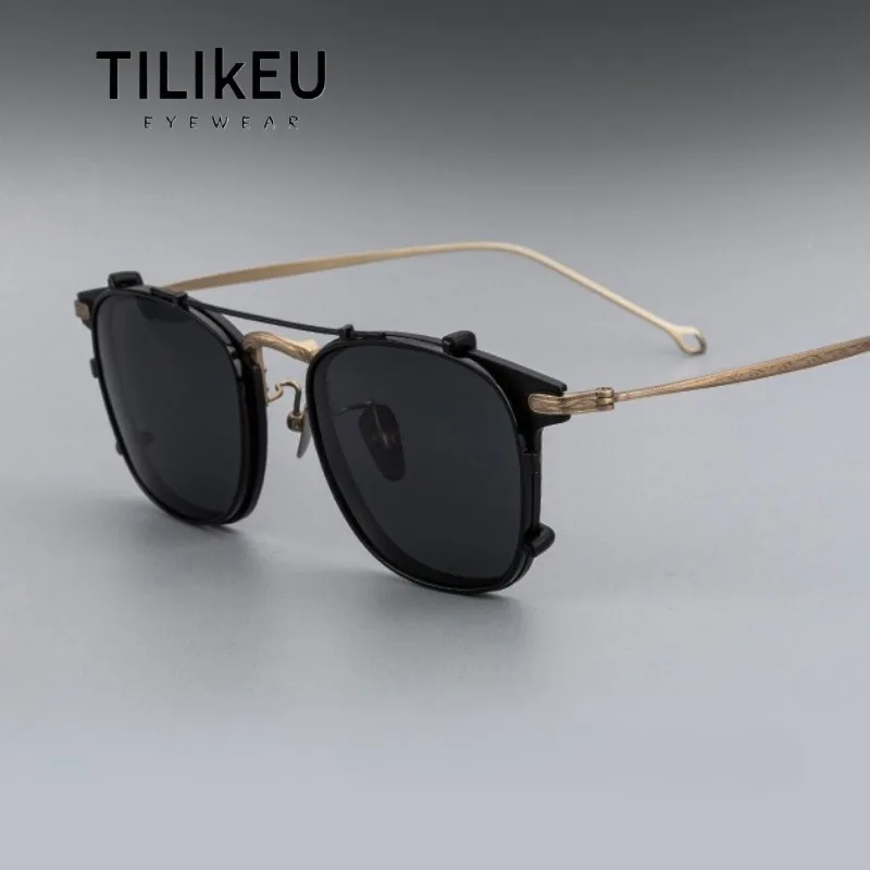 

Vintage Pure Titanium Eyeglasses Frames Square Large Face Men Clip-on Hanging Glasses Retro Sunglasses Japanese Designer Eyewear