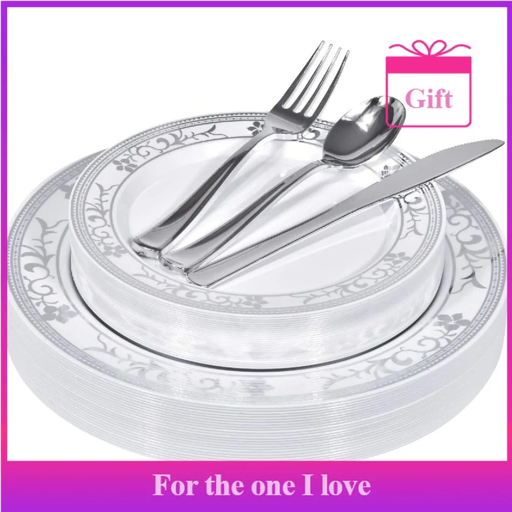 

125-Piece White and Silver Floral Fancy Plastic Plates Disposable with Silverware, Elegant Dinnerware for Weddings