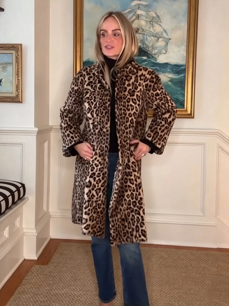 Edgy Leopard Print Faux Fur Overcoat Loose Vintage Stylish Chic Classic Women Long Jacket Trendy Autumn Party Street Outerwear