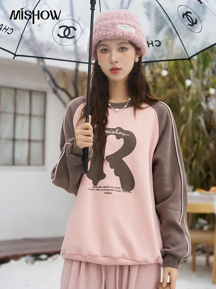 MISHOW Letter Print Oversize Sweatshirt Women Autumn Winter New Crewneck Korean Loose Sweatshirts Versatile Thick Top MXC53V0044