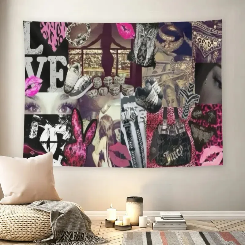 Y2K 2000s Pink Leopard Print Collage Wall Flag, Juicy Couture  Chrome Hearts Aesthetic Trippy Tapestry, Decorative Tapestry, Vintage Grunge Room Decor, Early 2000s Fashion Vibe Wall Hanging tapes