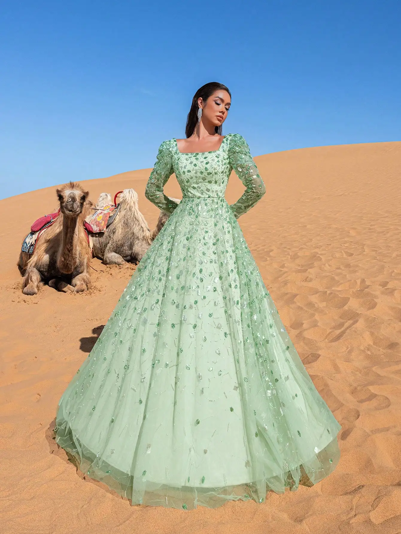 Haute Glamour ชุดราตรีประดับด้วยลูกปัดเลื่อมสุดสวยพร้อมแขนยาวและเสื้อท่อนบนพอดีตัว - ซ้อนทับเชียร์หรูหราและแสงพราว E