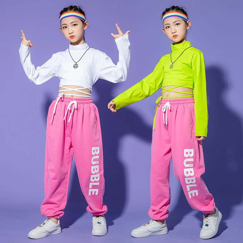 Kids Concert Hip Hop Clothing Lace Up Crop Top Long Sleeve Shirt Streetwear Jogger Pants For Girl Jazz Dance Costume Clothes Set