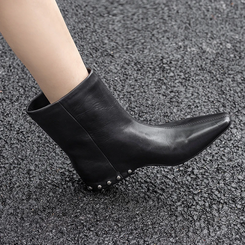 Handmade Genuine Leather Square Heel Booties Sexy Rivet Ankle boots,Fashion winter woman boots,knight boots,Fashion Cowboy boots