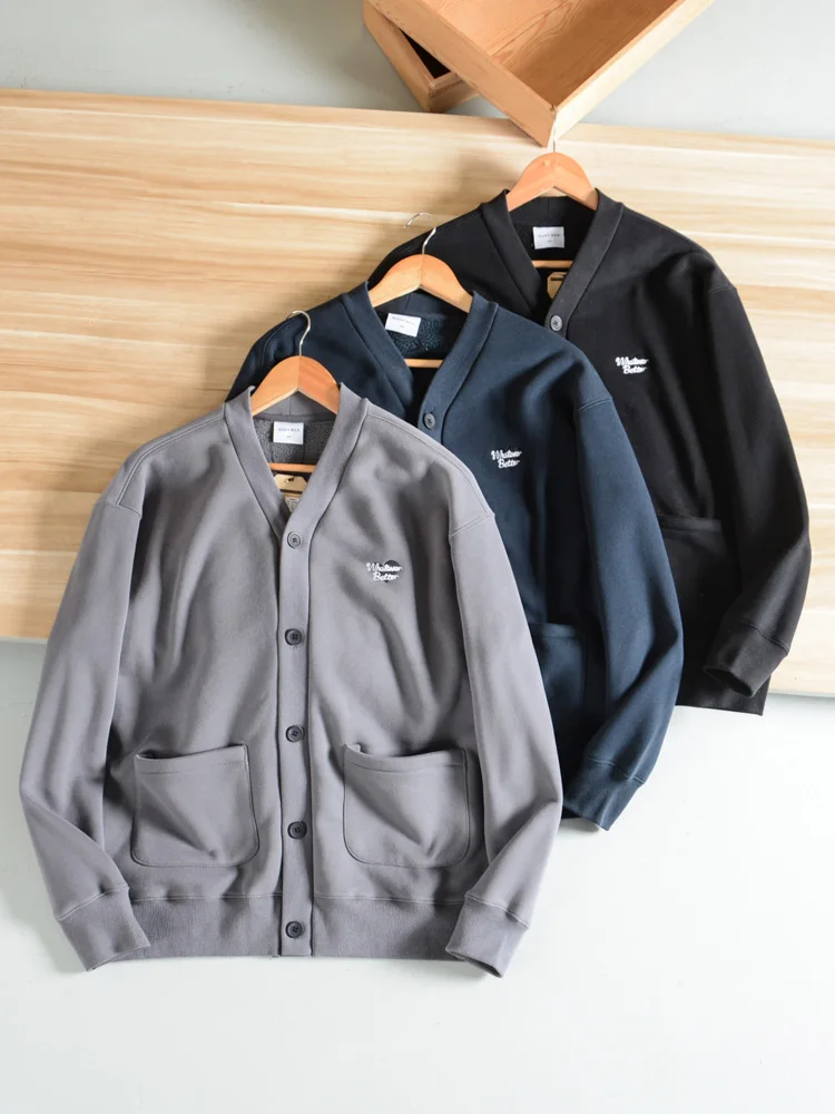 Retro Japanese Style Men's Fleece Sweatshirt Jacket Button Cardigan Washed Brushed Fabric Large V-neck Island Country Order
