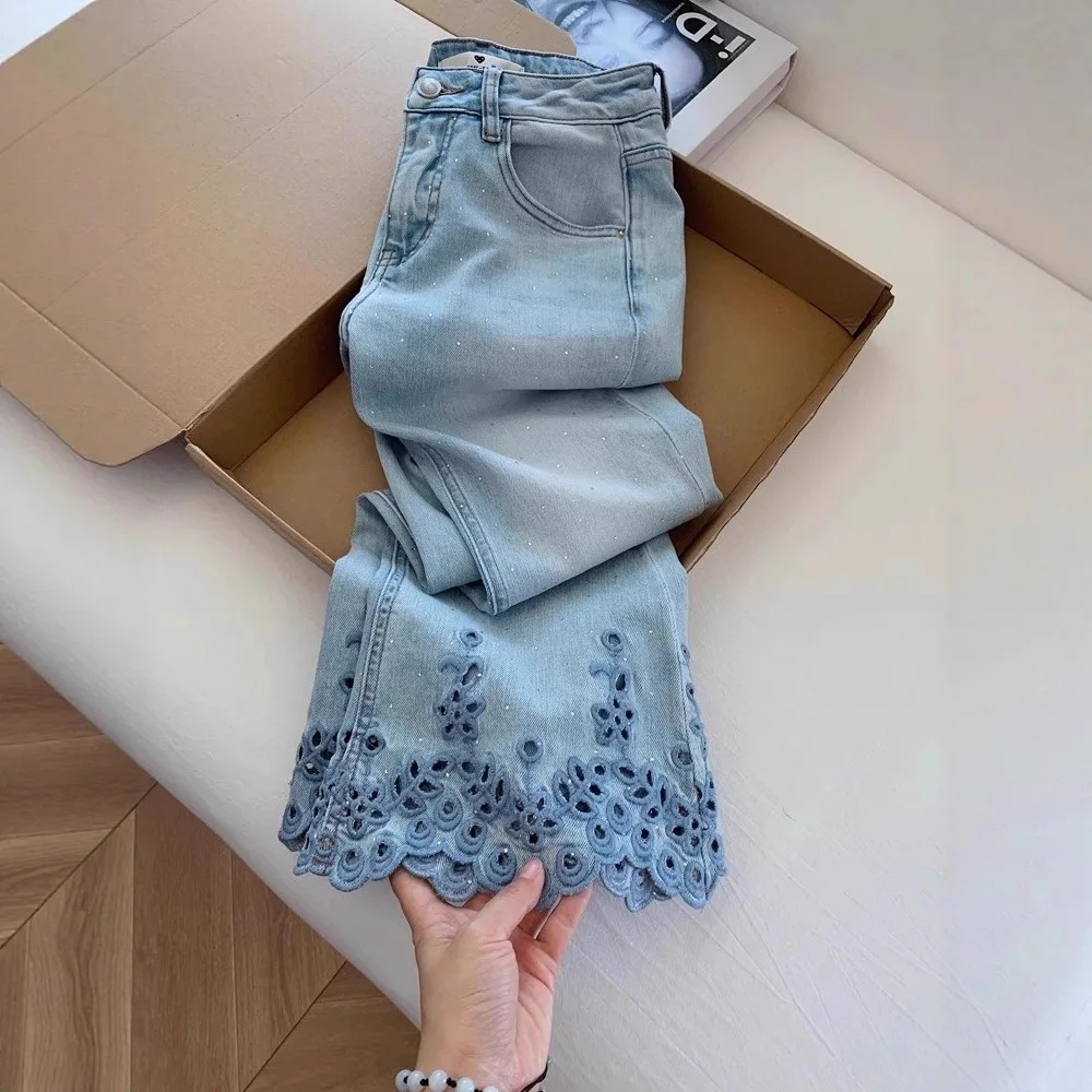 

New Chinese Style Flare Deimn Pants Jean Women Floral Flower Hollow Embroidery Jacaquard Soft Jeans Ladies Trousers Vintage