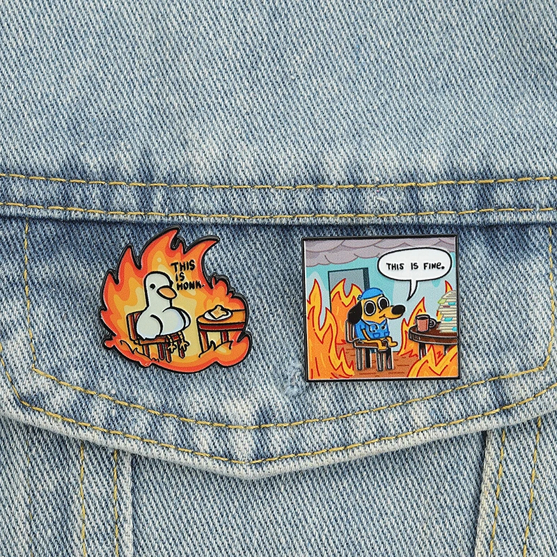 2-6Pcs Animal Collection Pins Set Cartoon Cat Dog Duck Flork Memes This Is Fine Enamel Brooch Raccoon Dino Badge Origami Jewelry