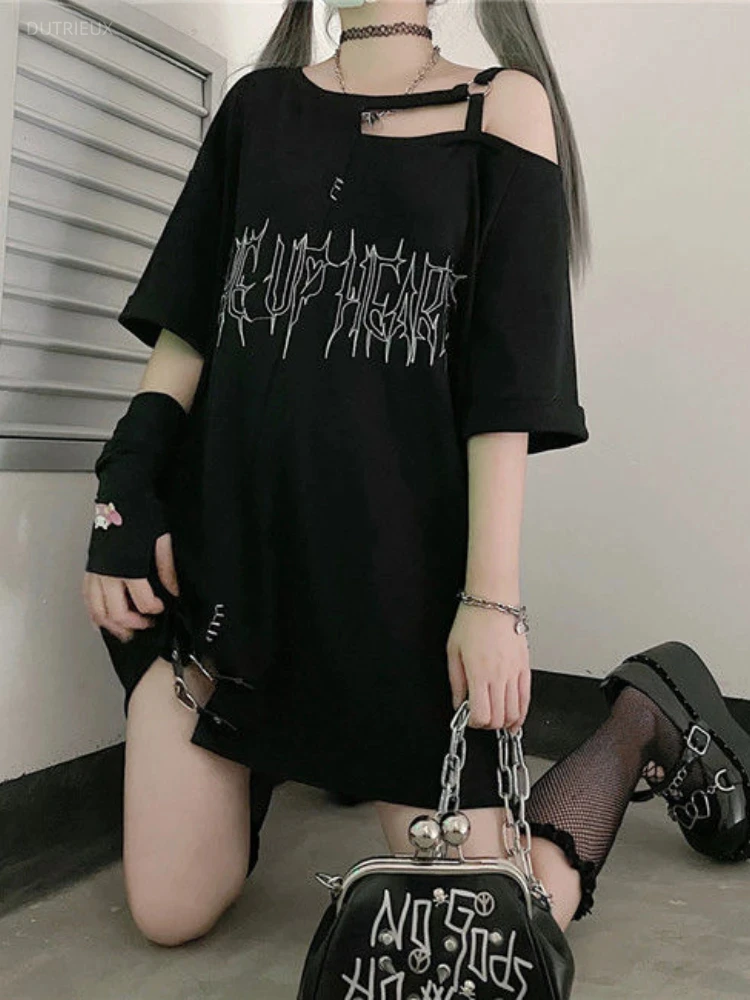 Y2k Girl Letter Print Off Shoulder Punk T-shirts Women Casual Street Black Gothic T Shirt Harajuku Streetwear Aesthetic