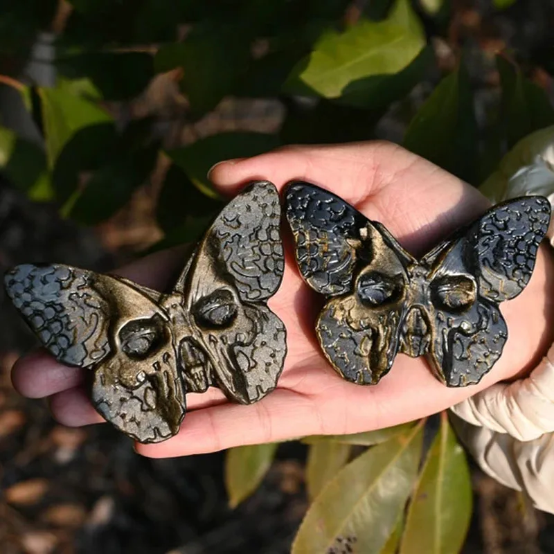 Natural Hand Carved Gold Sheen Obsidian Butterfly Skull Quartz Crystal Gemstone Gift Ornament Home Decor