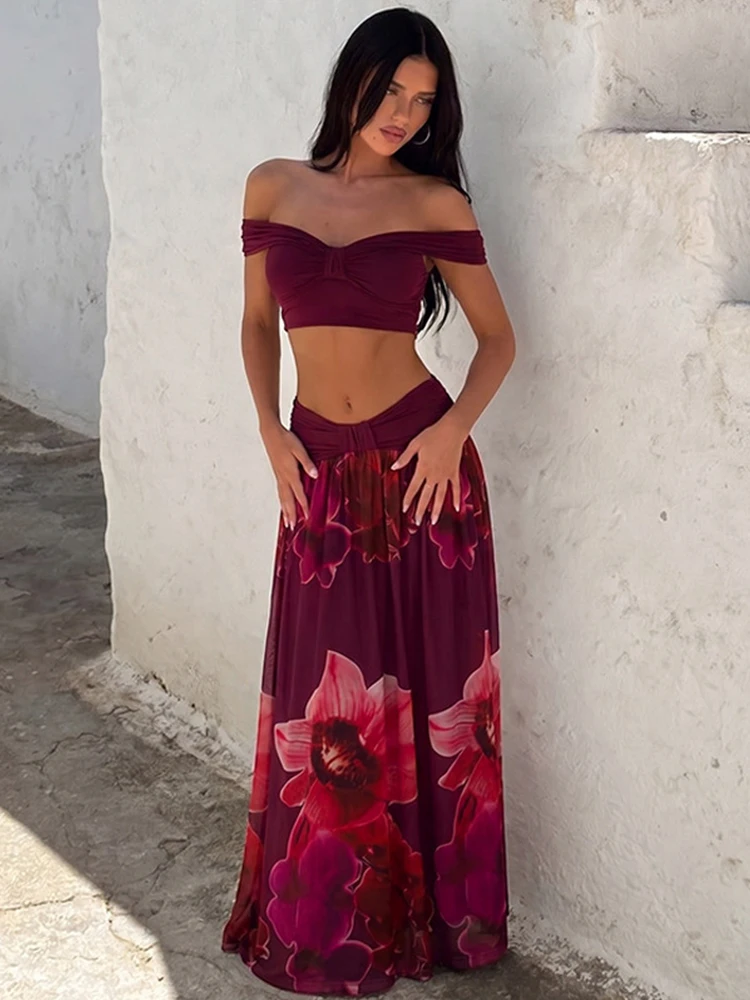 

Summer Y2K Red Floral Print 2 Piece Set, Women's Boho Ruched Off Shoulder Crop Top + Maxi Skirt Casual Vacation Beach Outfit