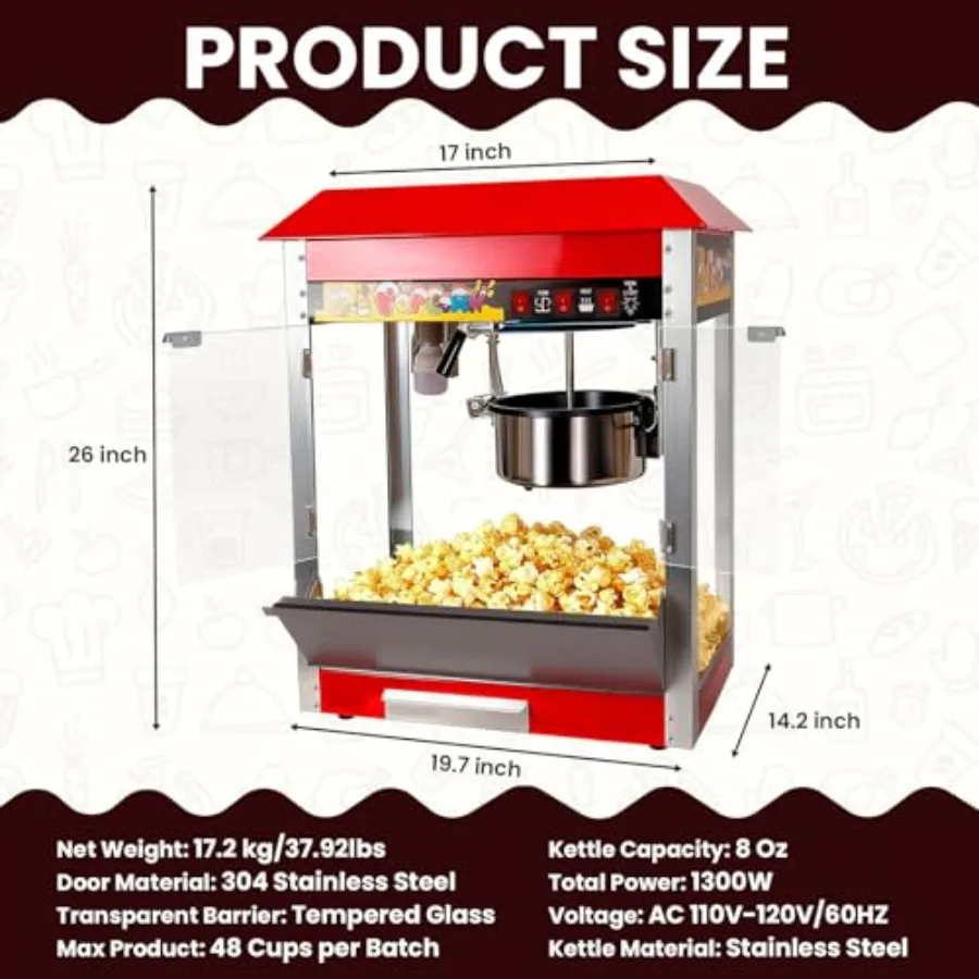 1300W Commercial Popcorn Machine 8 Oz Popcorn Maker for 48 Cups Movie Theater Popcorn Machine with 3-Switch Control Removable S