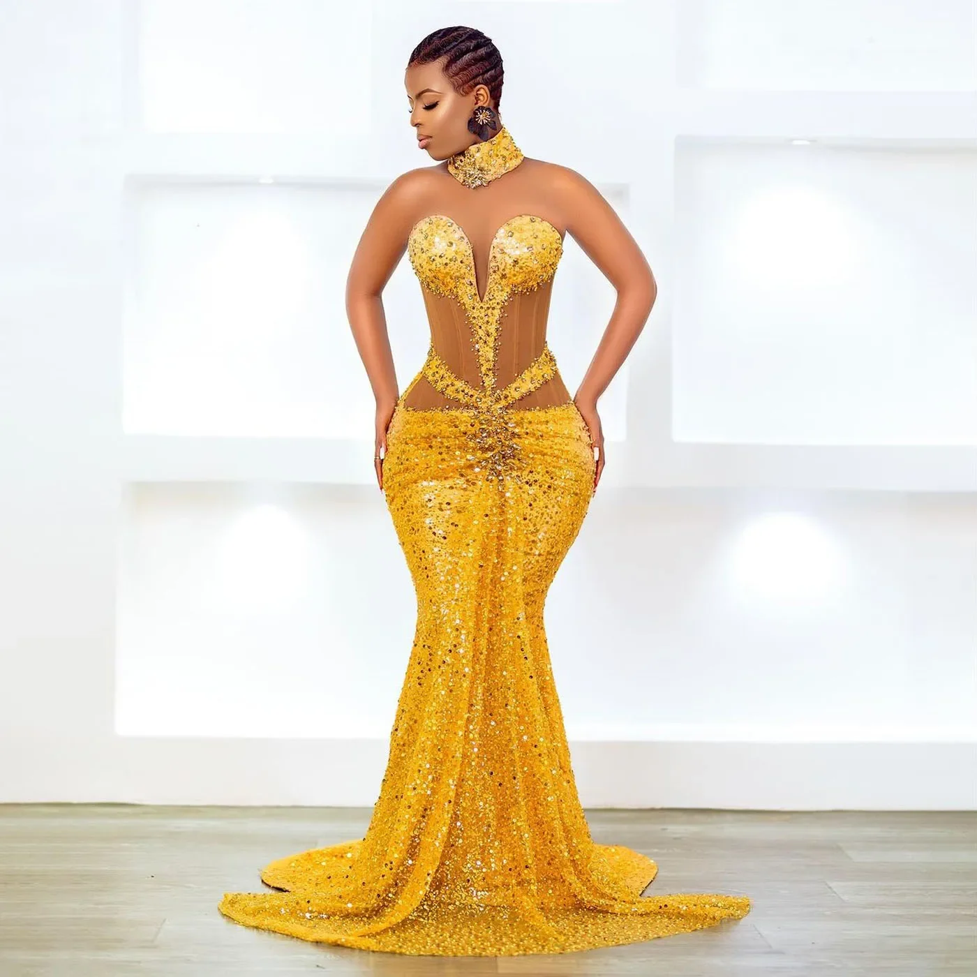 Aso Ebi-Robe de Soirée Africaine en Dentelle Perlée Dorée, Tenue de Forme Sirène Élégante à Paillettes, pour Bal de Promo