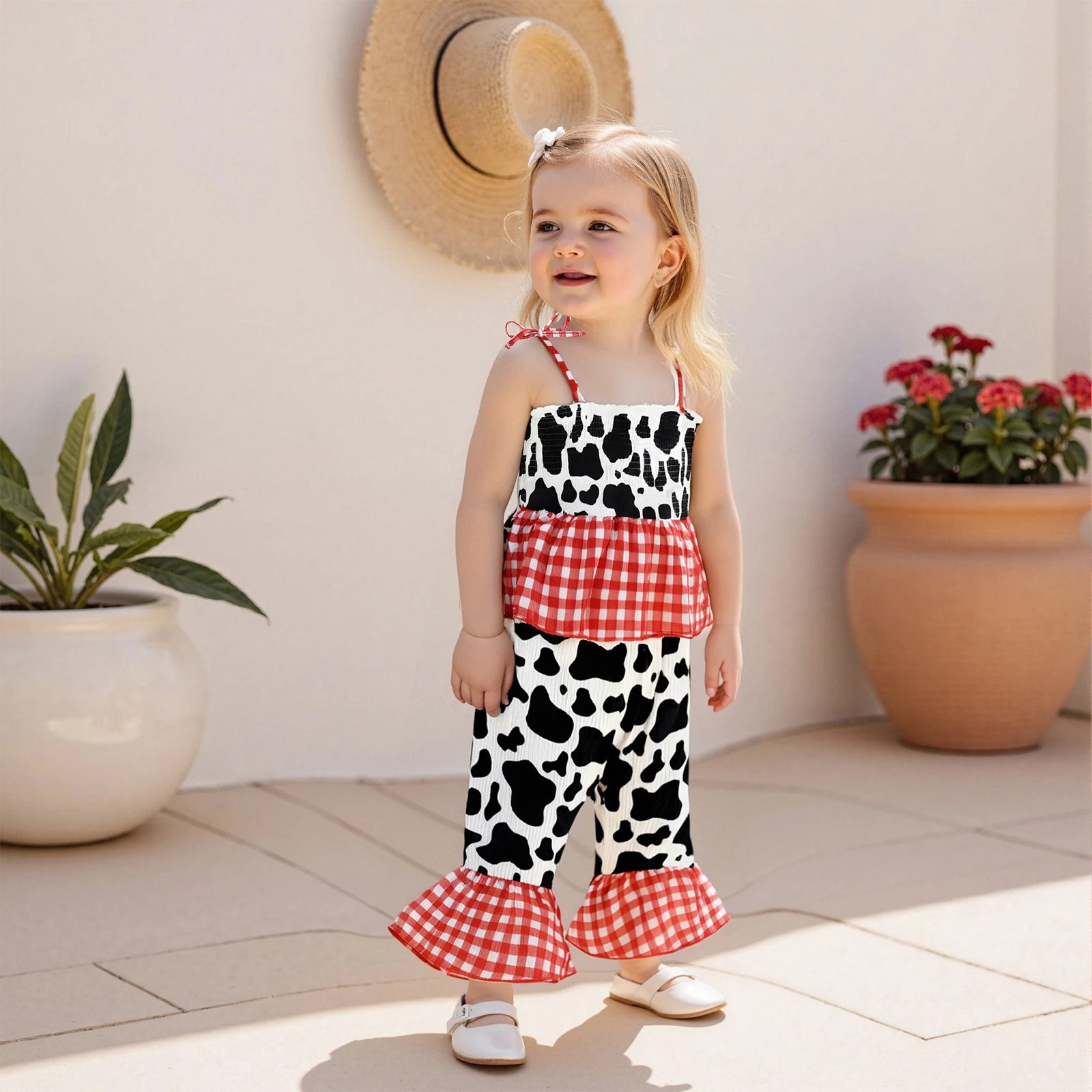 

Suefunskry Summer Kids Girls Outfits Cow Plaid Print Tie up Strap Camisole and Elastic Flared Pants Clothes