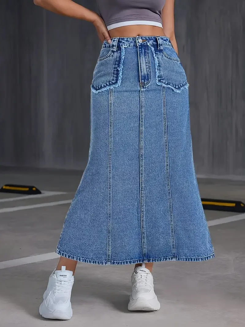 Women's Mid-Length Skirt New Style Stretch Denim Fabric with Pockets Joint Bones Feature view 3
