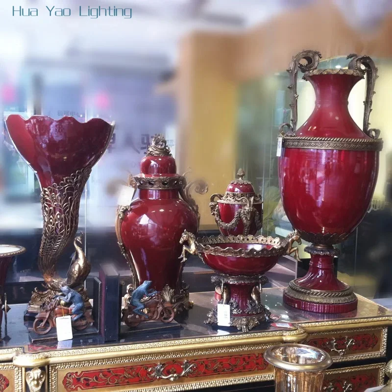Luxury European Style, Floor-To-Ceiling Decoration, Large Ornament, Vase, Red Pottery Storage Jar, Soft Decoration With Lid Jar.