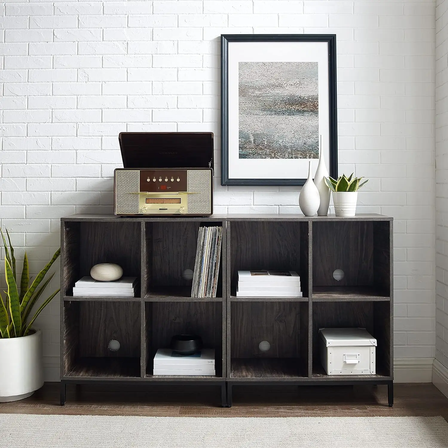 Vinyl Record Storage Cube Bookcase Set and Record Player Stand Each storage cube features a pre-cut cable management hole