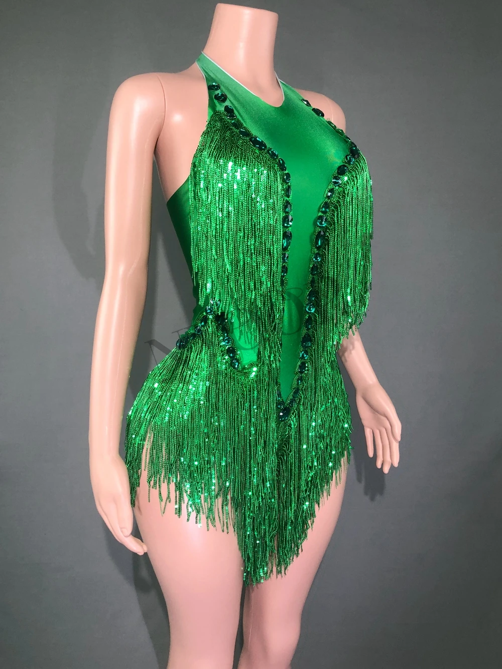 Sparkly Rhinestones Sequins Fringes Green Bodysuit Women Sexy Backless Dance Costume Singer Dancer Performance Show Stage Wear