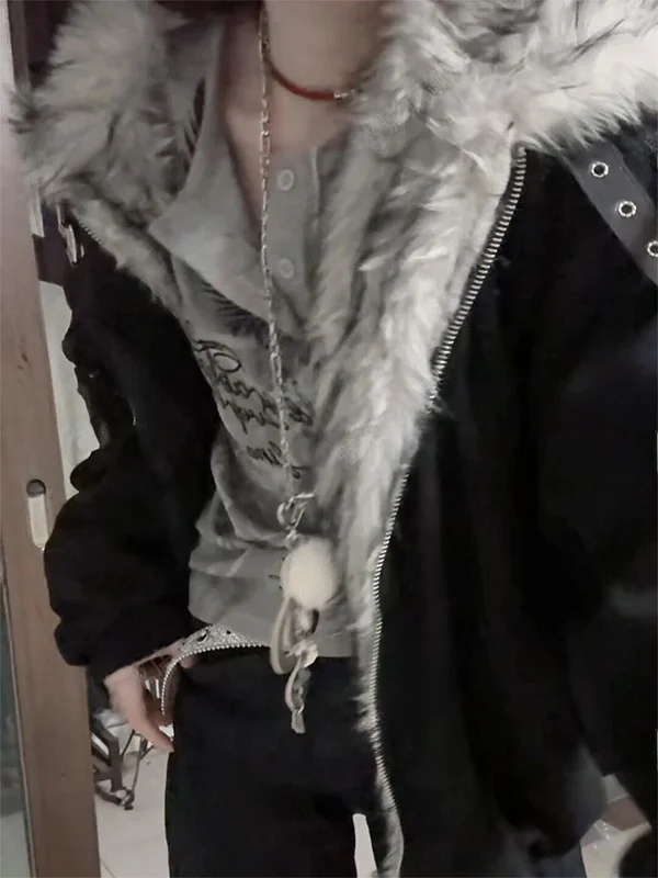 

Американская уличная мода: женская свободная утепленная черная хлопковая куртка с мехом, зимнее пальто со стильным дизайном Mountain Eagle, хлопок...