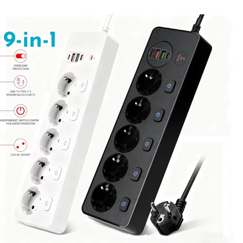 EU KR Smart Power Strip Socket with Multi USB Port Type-C, Independent Control Socket with Overload Protection Extension Outlets