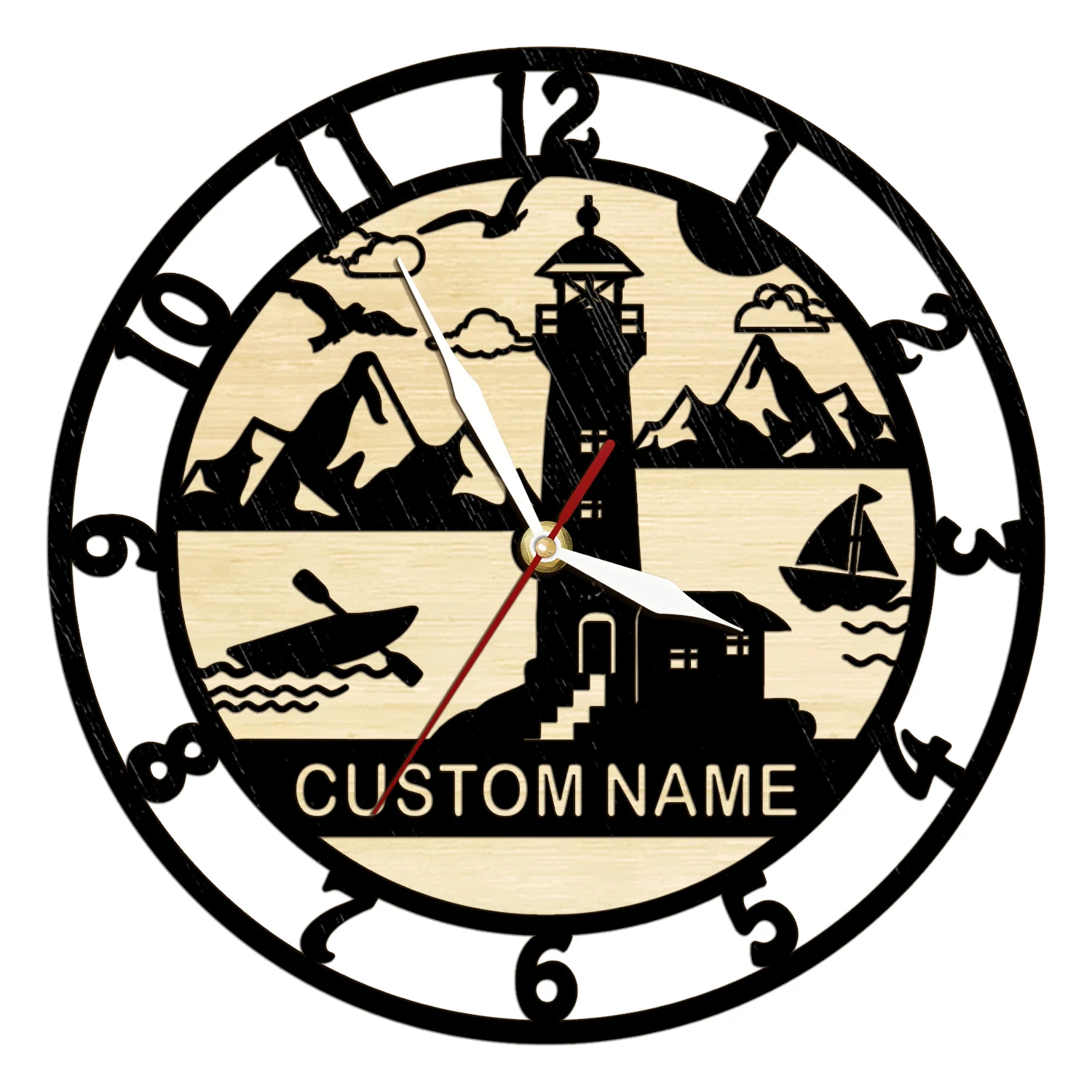Lighthouse Seaside Scene Laser Engraved Wood Wall Clock with Personalized Name Coastal Home Decor Dual Layers Wooden Wall Clock
