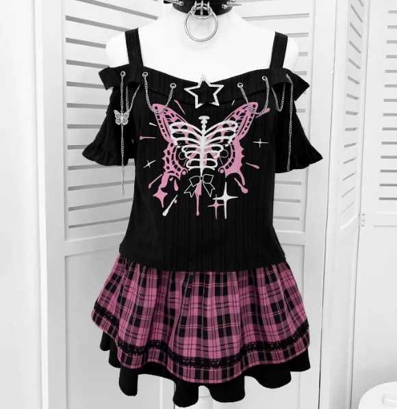 Personality Subculture Sweet Cool Slash Neck Off-the-shoulder Print Tops Fashion High Waist A-line Versatile Age-reducing Skirt