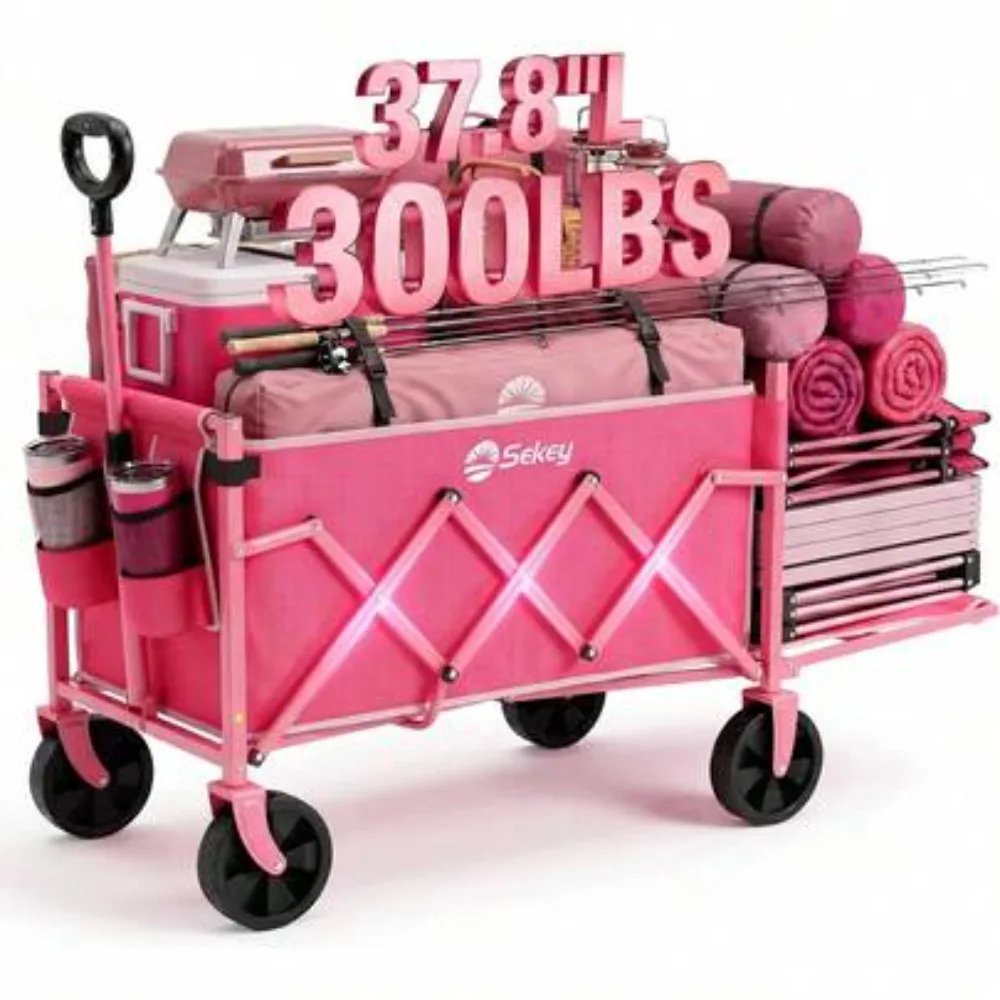 Heavy Duty 220 Lbs Capacity Folding Utility Cart with Wheels, Lightweight Portable Collapsible Wagon for Grocery Shopping, Garden, Camping, Beach, Outdoor Travel, Pink