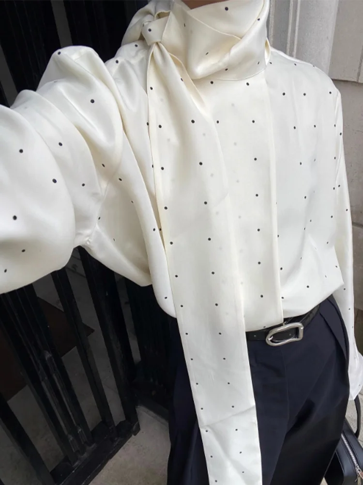 

HH Spring Woman Casual Long Sleeves Scarf Collar Satin Shirt Female Temperament White Polka Dot Short Satin Texture Blouse