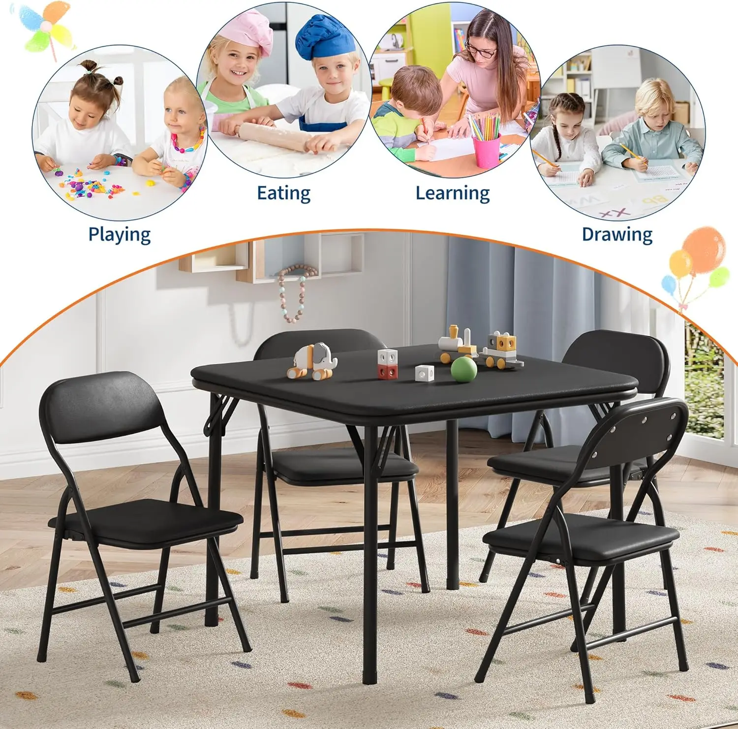 5-Piece Kids Folding Table and Chairs Set, Square Table | Foldable Children's Activity Table & Chair Set, Upholstered Chairs, Waterproof PU Top, No Assembly, Toddler Furniture, Black view 3