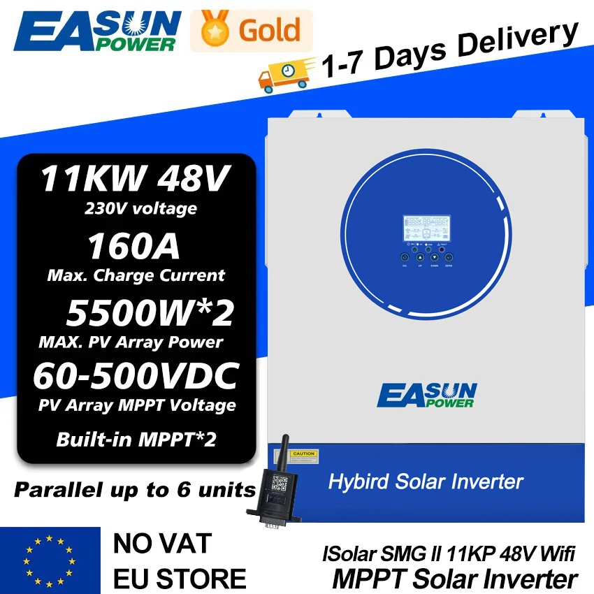 EASUN 6.2KW 11KW Solar Inverter AC 220V DC 48VDC Dual MPPT 160A 500VDC PV Input Pure Sine Wave Hybrid Inverter with WiFI