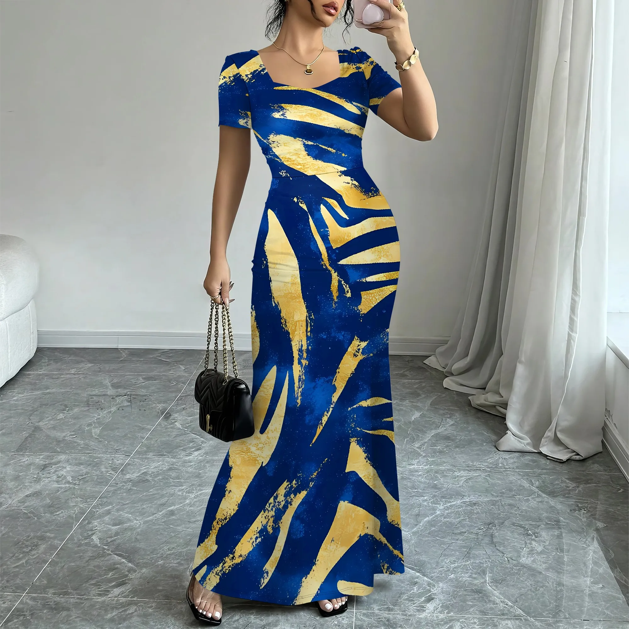 

Nupusa Gold Brush Print Dress for Women Standard Size Summer Casual Square Neck Short Sleeve Maxi Dress