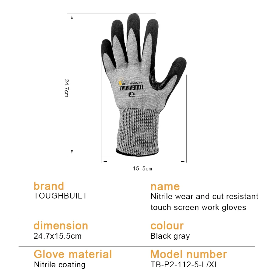 TOUGHBUILT TB-P2-112-5-L/TB-P2-112-5-XL Cut Resistant Work Gloves Nitrile Super Abrasion Resistant Touch Screen Hand Protection