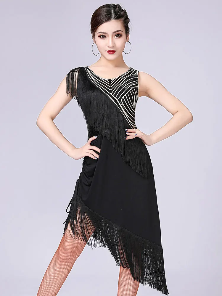 Sequins Latin Dance Dress for Women Latin Practice Wear Fringe Dance Costume Adult Tassel Stage Clothes