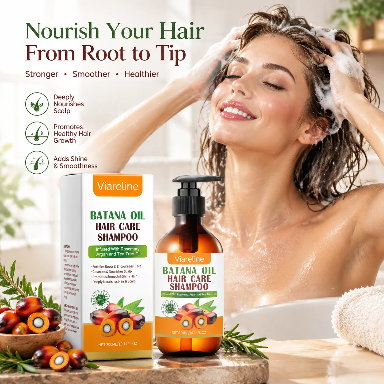 Viareline Batana Oil Hair Shampoo Oil Control Anti Frizz Hair Repair Damaged Hair Moisturizing Smoothing Soothing Scalp Shampoo
