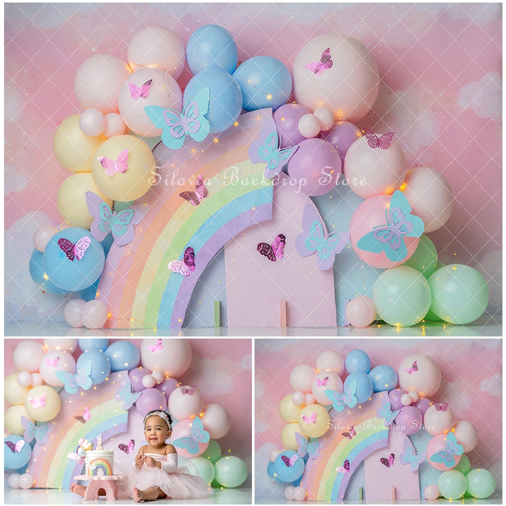 

Pastel Rainbow Birthday Photography Backdrop Cake Smash Photo Background Butterfly Balloon Lights Decor Photo Studio Props