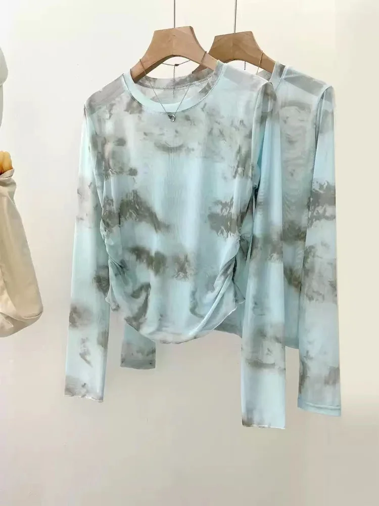 Summer Thin Mesh Tie-Dye Long Sleeve T-Shirt Women's Commute Style round Neck Short Length Slimming Top Transparent Design