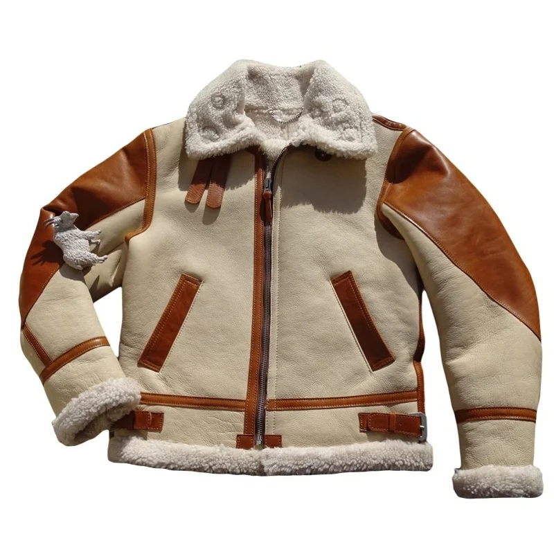 Beige White Winter Shearling Jacket Men Retro Style Plus Size 5XL Genuine Natural Thick Sheepskin Military Bomber Flight Coat