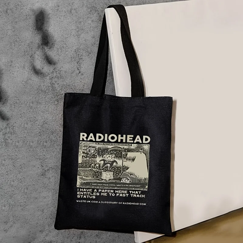 

Large Capacity Stylish Black Canvas Tote Bag Unisex Shopping Letter Print Design Casual Handbag for Daily Use