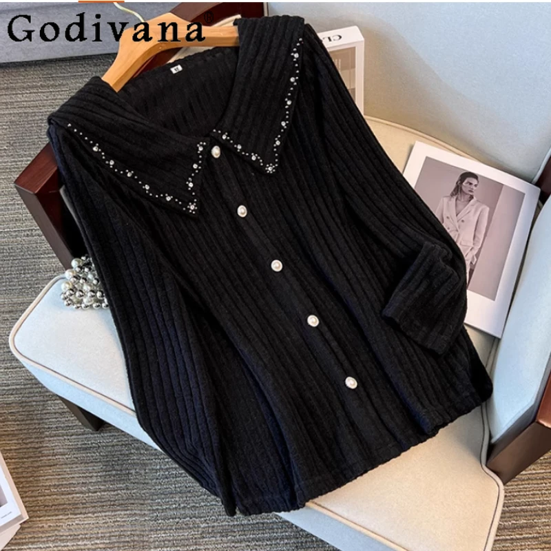 

Женский вязаный топ больших размеров на весну и осень, милый возрастной вязаный топ с воротником Питера Пэна, модный свободный черный свитер с длинными рукавами и бисером