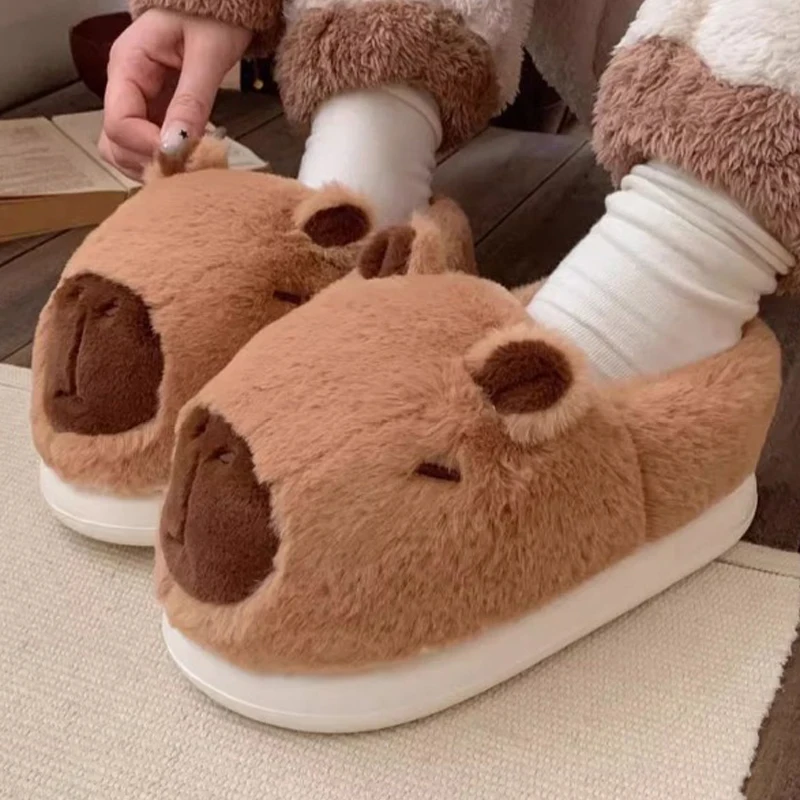 

Зимние домашние тапочки Fuzzy kapibara, женские милые теплые меховые плюшевые домашние тапочки для ленивых женщин, термопушистая домашняя обувь, плоские шлепанцы, капибара