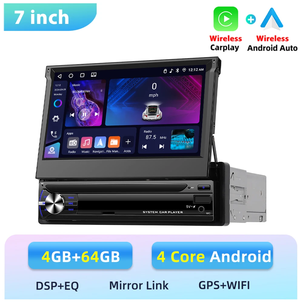 Podofo 1 Din Carplay 6+128G Intelligent Autosysteem Draadloos Android Auto Carplay 7'' Auto Multimedia Speler GPS Wifi 4G BT USB