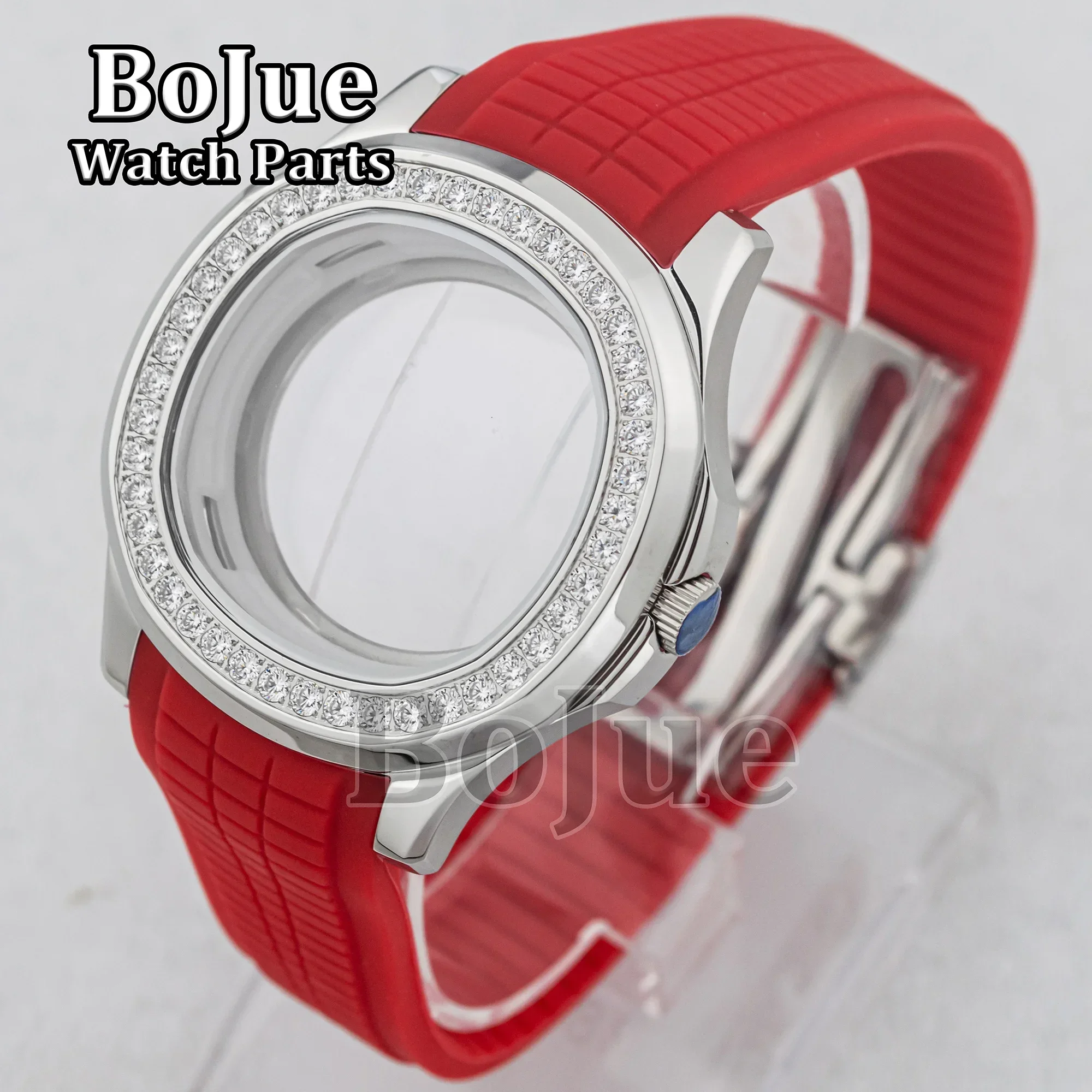 

42mm Diamond Watch Case Rubber Bracelet Sapphire Glass Waterproof For Mod AQUANAUT Nautilus Seiko NH35/NH36 Movement Watch Parts