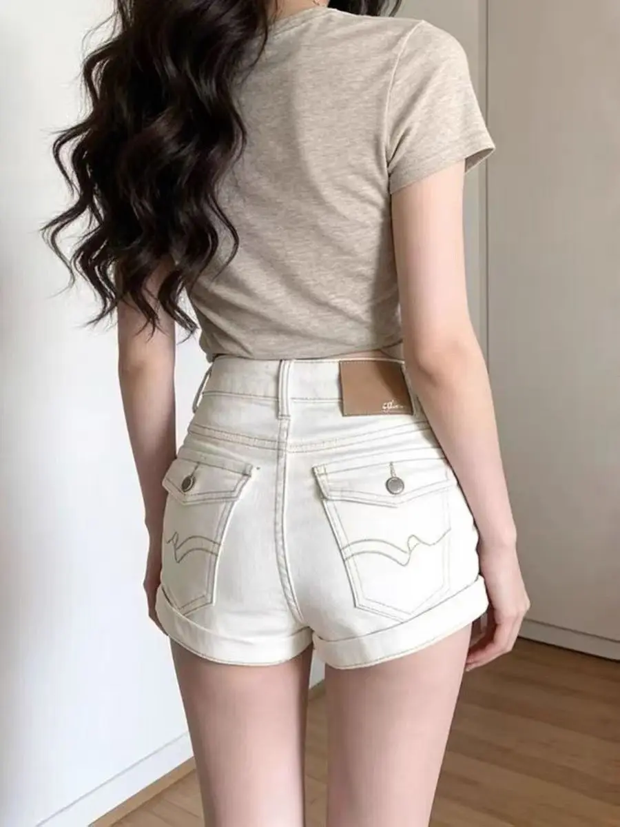 Y2K White Flip Pocket Denim Shorts High Waisted Women Summer Versatile Thin Peach Hip Hot Pants