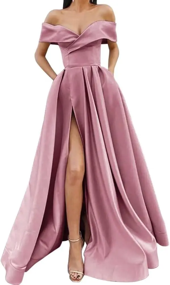 オフショルダー ロングスリット プロムドレス 女性用 Aライン バックレス サテン フォーマルイブニングパーティードレス ポケット付き カクテルセクシードレス