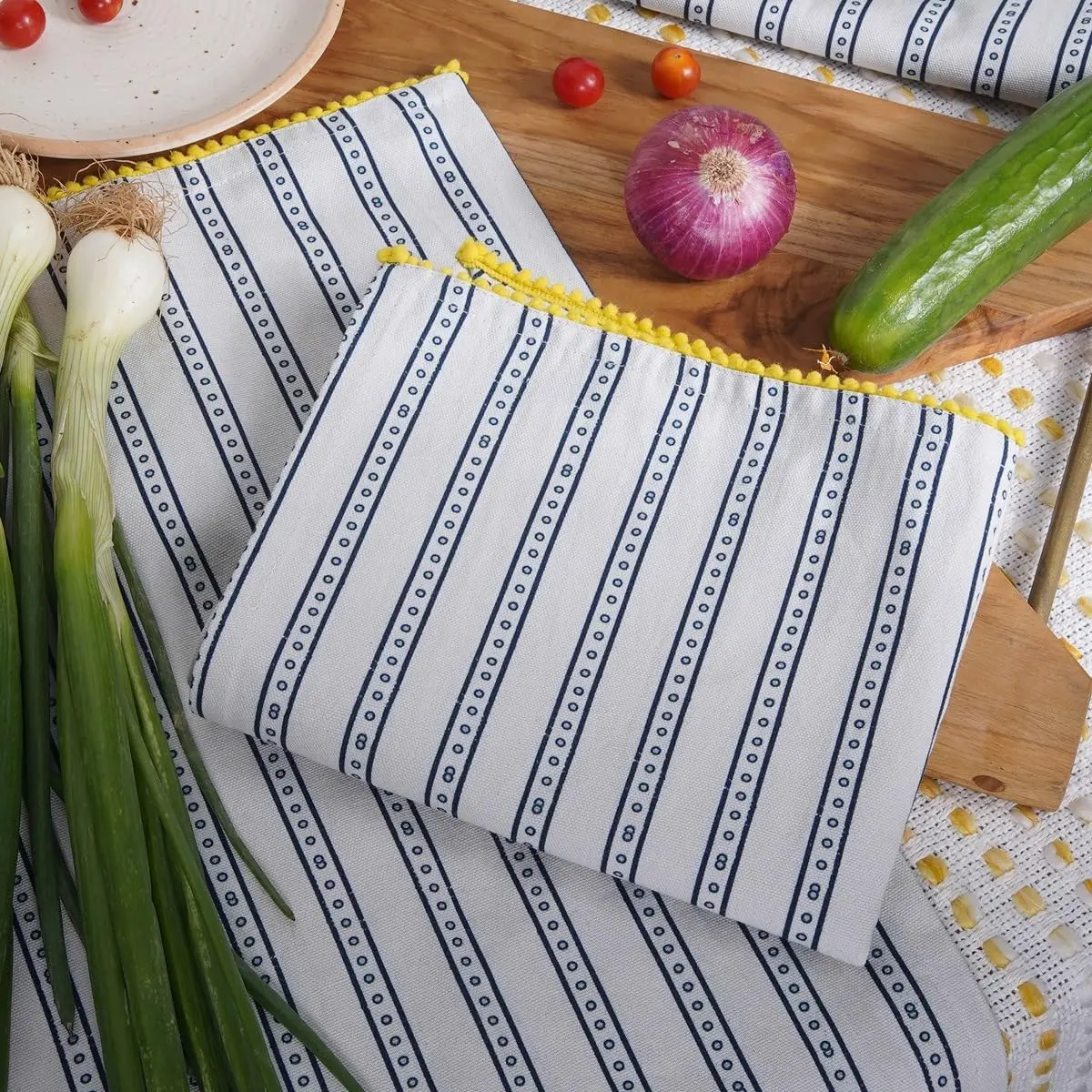 Printed Cotton Dish Towels Set of 6, 18x28 Inch with Hanging Loops, Blue Stripes - Quick Dry & Absorbent Kitchen Towels