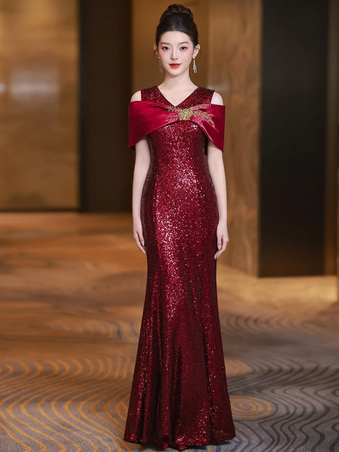 

Ele Long Tail Fi Sle Sequin Evening Gown for Wedding Banquet Yearly Meeting New 2026 Slim Fit Formal Dr