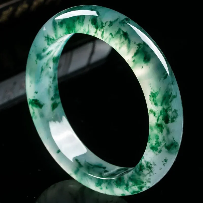 

Myanmar Broken Green Jade Bracelet Female Perfect Circle High Floating Flowers Mother Ice-like Narrow V